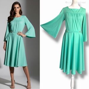 Vintage 70s Seafoam Green Angel Sleeve Belted Midi Dress Boho Bell Sleeve Dress
